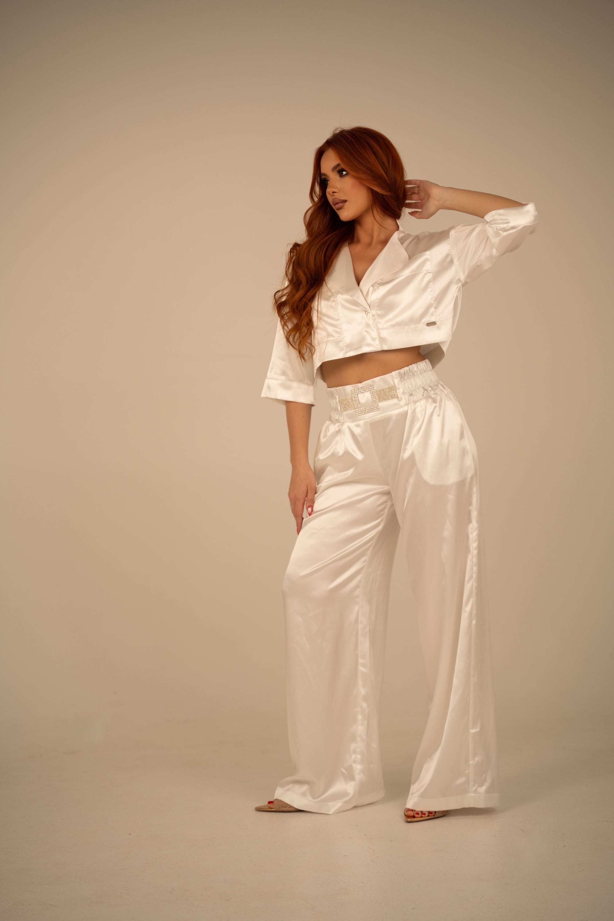 Luxusní saténové kalhoty - perlově bílé